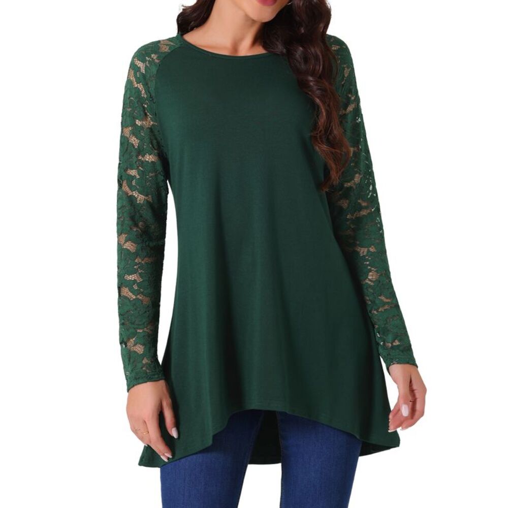 Lace Long Sleeve Tops Crewneck Asymmetrical Hem Blouse Casual Shirts Dark Green